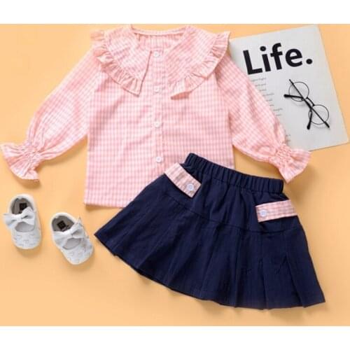 Fashion Girls Clothing Spring Autumn Girl Set Pink Long Sleeve Shirt + Navy Skirt Suits for Kids