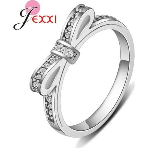 Fashion Cute Korean Bowknot Stackable 925 Sterling Silver Crystal Rings for Women Engagement Wedding Cubic Zirconia Jewelry Gift