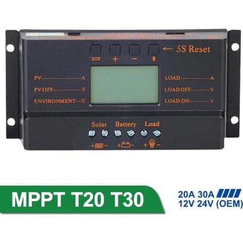 MPPT T20 Solar Controller 20A 12Vdc 24Vdc Solar Panel Battery Regulator Charge Controller USB 5V LCD Display Controller