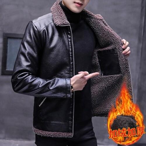 Mens warm leather jacket youth trend suede collar plus velvet PU leather jacket mens winter new motorcycle jacket