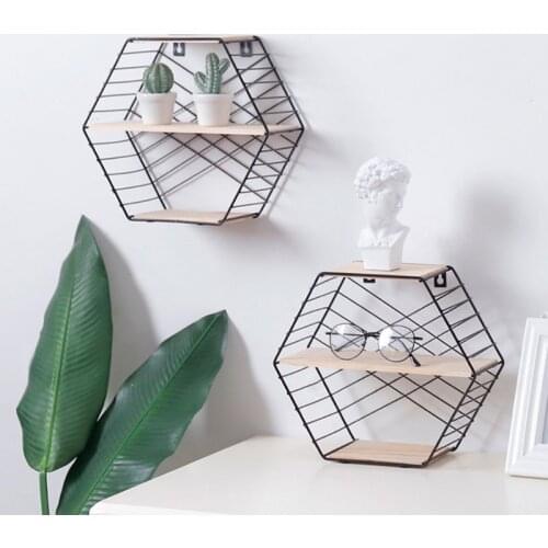 Wall Mounted Floating Shelf Modern Simple Geometry Wood Metal Wire Hexagon Plant Flower Storage Shelves Display Perfect Decor
