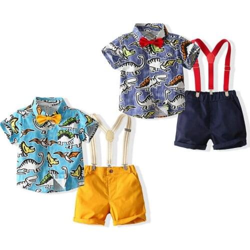 Baby Boys Formal Set Toddler Boys Gentleman Suit Button Down Short Sleeves Romper Shirt Top+Suspender Pants Outfit Wedding