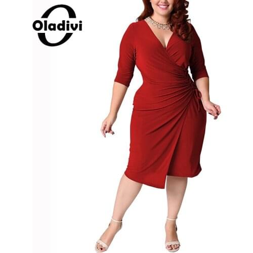 Oladivi Plus Size Womens Elastic Bodycon Dress V-Neck Elegant Party Dinner Robe Midi Dresses Tie Waist Sexy Femme Vestidios 006