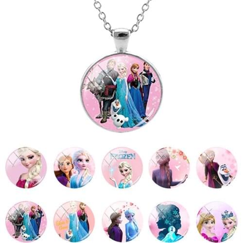 Disney Frozen Princess Elsa Anna Snow Glass Dome Pendant Necklace for Girls Trendy Cabochon Jewelry Birthday Present SQ170-25