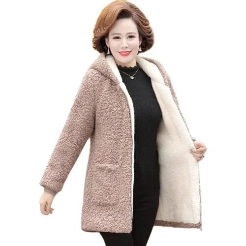 6XL Middle-aged Elderly Womens Lamb Wool Coat 2021 New Winter Plus Velvet Cotton Jacket Loose Mid-length Female Hooded Overcoat