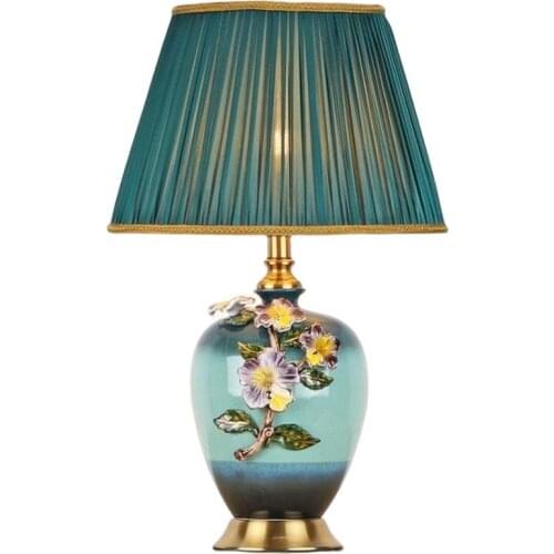 Luxurious 3D Flowers Green Ceramic Table Lamp for Foyer Bed Room Parlor Enamel Colorful Desk Light H 58cm 2537