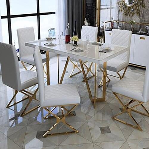 Light luxury dining table and chair combination simple rectangular stainless steel negotiation table post-modern living room
