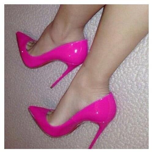 Rose Patent Leather Bride Shoes Sexy Pointed Toe High Heels Pumps 12cm Dress Shoes Patchwork Stiletto Heel Plus Size