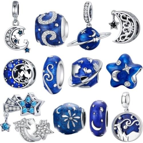 BISAER 925 Sterling Silver Blue STARS Moon Snowflake Perles Star Beads Charms Fit Women Charm Bracelets Silver 925 Jewelry