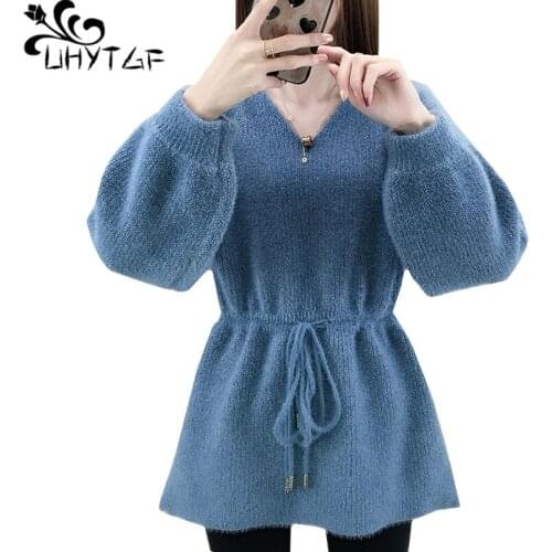 UHYTGF Mink cashmere autumn winter sweater women v-neck pullover knit sweater coat female elasticity plus size sweaters lady 619