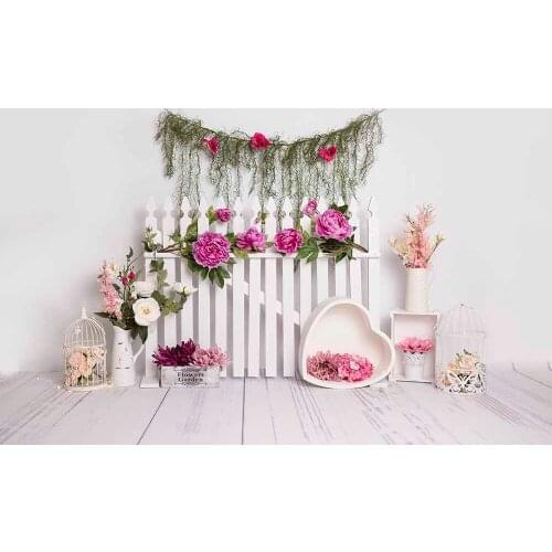 Spring Photography Backdrop Baby Girl Cake Smash Portrait Background Pink Floral Flower Rattan Fence Decor,2 materials