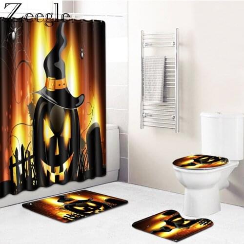 Zeegle 4pcs Halloween Bathroom Curtain Shower Curtain Anti-slip Bathroom Carpet Set Toilet Rug Absorbent Foot Mat Bath Mat Set