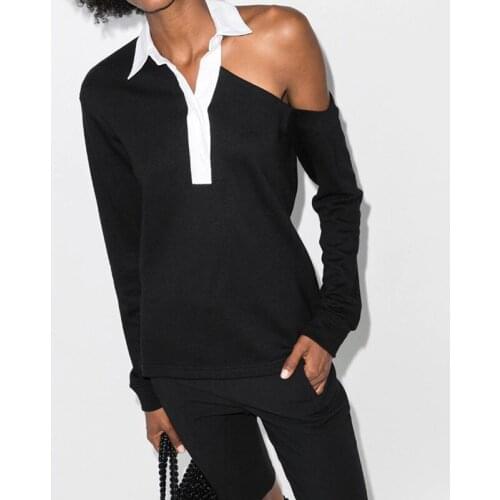 Sexy Off Shoulder 9.15 Turn-down collar Long Sleeve Shirt Ladies Fashion Contrast Color Patchwork Front Button Design Blouses