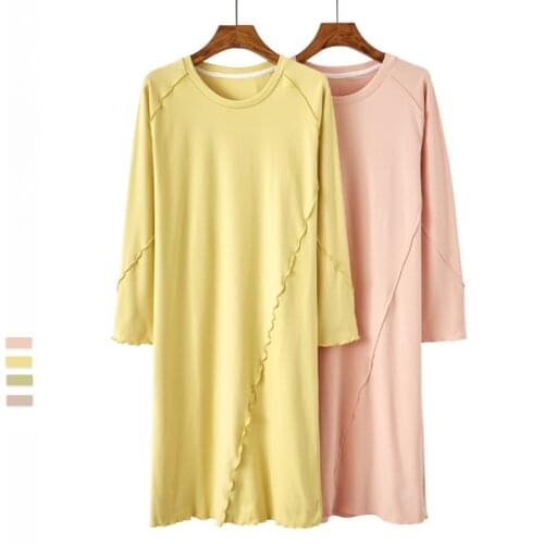 Womens Nightgown Autumn Winter Simple Long-sleeved Round Neck Pullover Sleepwear Dress Double-faced Velvet Mid-length Nightdres