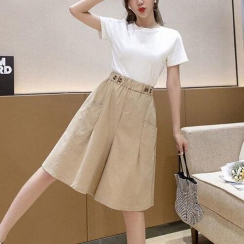 Womens Summer Shorts 2021 Long with High Waist Female Loose White Classic Knee-Length Office Wide Womens Shorts Black Candy