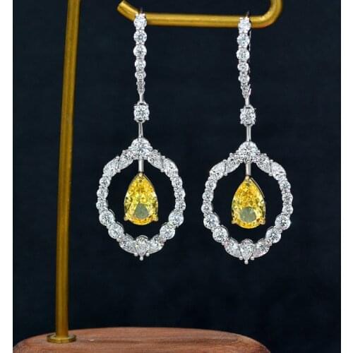 Luxury 100% 925 Sterling Silver Yellow Drop Earrings For Women Sparkling High Carbon Diamond Wedding Party Fine Jewelry Gifts