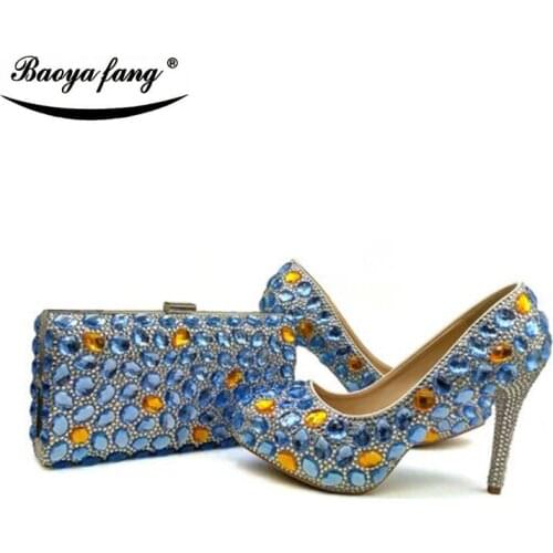 Women wedding shoes Bride Blue crystal party shoes with matching bags fashion high heels platform shoes