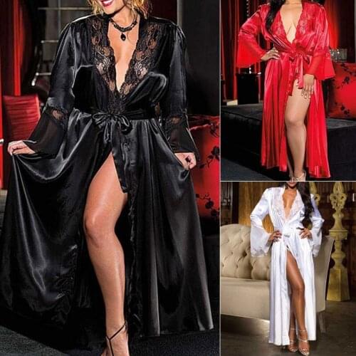 Hot Selling Womens Robe Long Bathrobe Femme Satin Kimono XXXL Lace Solid Nightdress Lounge Set Nightwear Silk