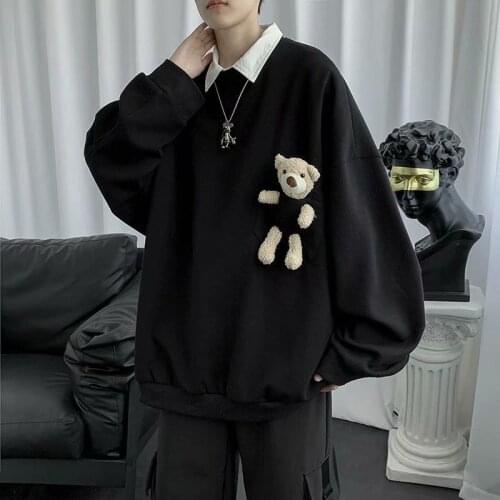 2020 Mens Fashion Cartoon Doll Decorate Hoodies Streetwear Round Neck Sweatshirts 3 Color Coats Cotton Clothes Pullover S-2XL