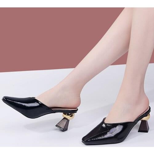 2021 New Women Shoes Sexy Ladies Shoes Woman Slippers Mules Pointed Toe Solid Leather Strange High Heels Casual Shoes Plus Size