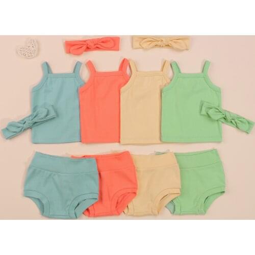 4 Color Newborn 3 Pcs Infant Summer Outfits Baby Girls Solid Color Square Collar Spaghetti Strap Camisole Short Bowknot Headband