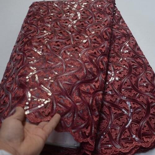 5yards/pc) high quality handcut African double organza lace fabric wine red with fancy sequins embroidery for party dress OP63