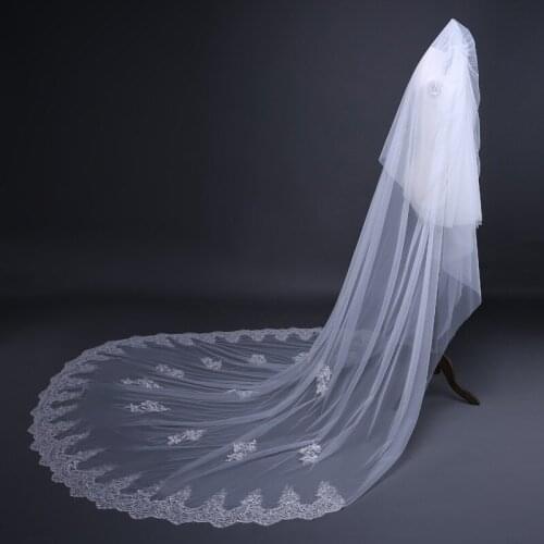 Cheap Lace Edge Two-Layer Sequins Beaded Chapel Wedding Veil Lace Bridal Veils