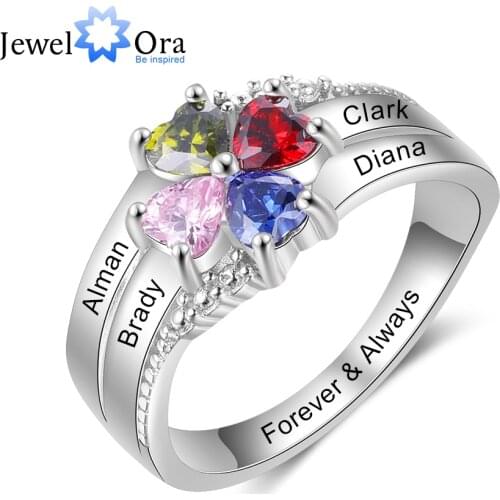 JewelOra Customized Family Name Mothers Ring with 4 Heart Birthstones Silver Color Personalized Engraved Rings for Women Gifts
