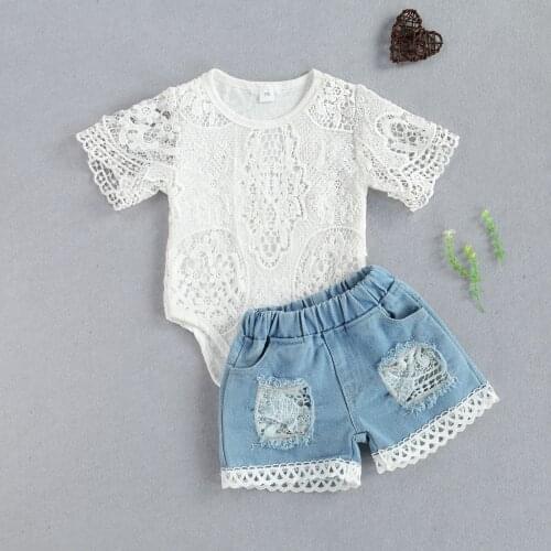 FOCUSNORM 0-24M Lovely Baby Girls Boys Clothes Sets Lace Floral Print Short Sleeve Romper Tops Denim Shorts