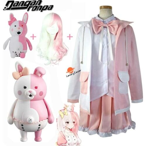 Anime Super Danganronpa 2 Monomi Cosplay Costumes Hooded Coat Skirt Shirt Bear Toy Pink Wig Heat Resistant Wig Halloween Girls