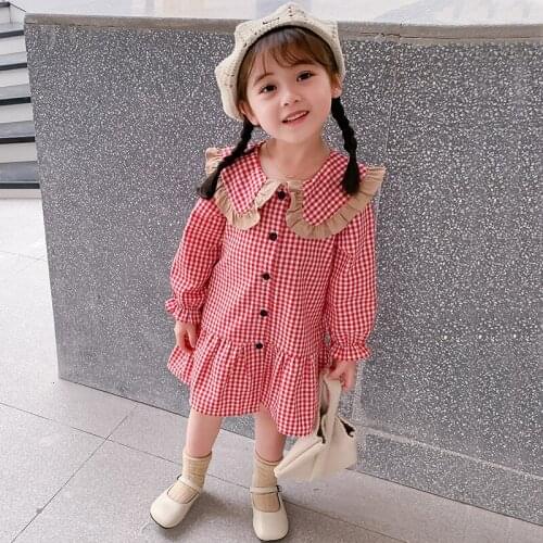Red Children Spring Summer Kids Lattice Baby Girls Dresses Trendy Costume Ruffle Princess Birthday Party High Quality