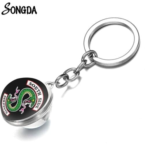 Hot Fashion TV Series Riverdale South Side Serpent Keychain Bag Charm Handmade Cool Art Pattern Glass Cabochon Pendant Key Chain
