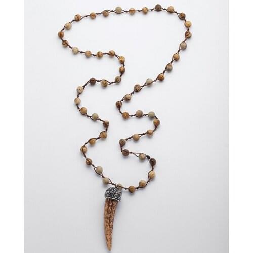 MOODPC Free Shipping Fashion Natural Picture Stones Ox Horn Pendant Necklace Handmade Women Jewelry