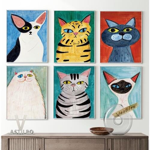 Cartoon Abstract Kitty Cat Portrait Canvas Painting Art Prints Exhibition Poster Pet Memorial Gift Idea Wall Picture Home Decor