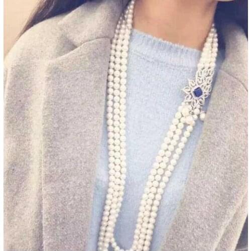 Free shipping 3row 7-8MM White pearl Jewelry zircon flower Hot sell necklace 24-26inch