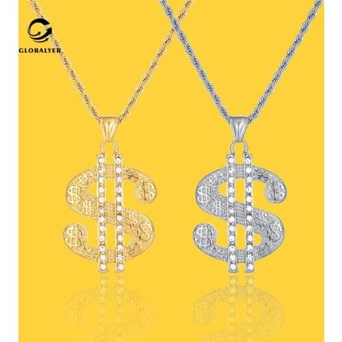 Explosion models European and American hip-hop pendant Large crystal US dollar symbol titanium steel necklace Free shipping 218