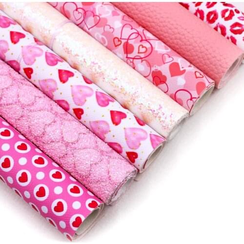 Pink Heart Love Pattern Printed Faux Leather Sheets Fabric Canvas Back 7 Pcs 7.7" x 12.9" (20 cm x 33 cm)