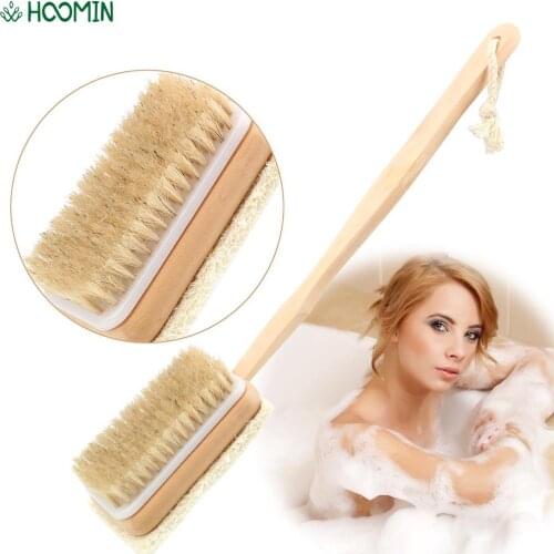 Loofah Bristle Both Sides Bath Brush Long Wooden Handle Body Cleaning Brush Skin Cuticle Grease Remove Massage Shower