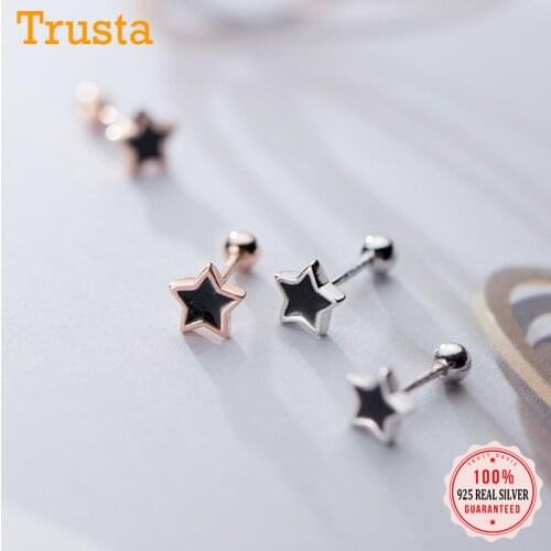 Trustdavis Real 925 Sterling Silver Fashion Sweet Black Glaze Star Bead Screw Stud Earrings For Women Wedding Fine Jewelry DA253