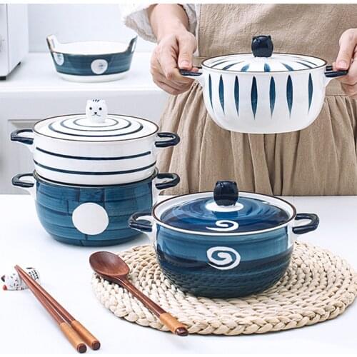 Creative Ceramic Noodle Bowl with Cover Hand Painted Soup Bowl Instant Noodles Bowl with Ears Anti Scalding Bowl