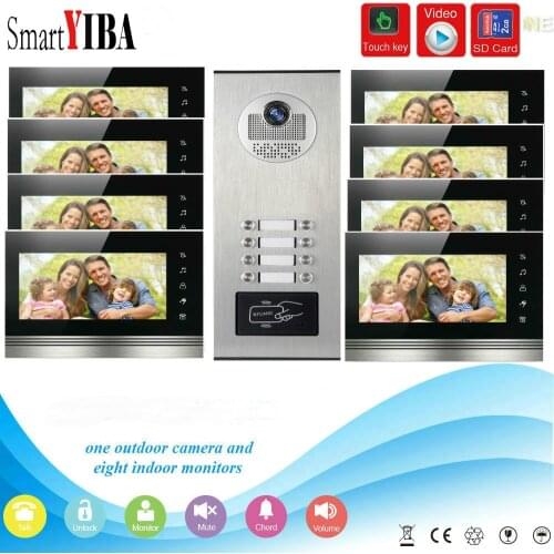 SmartYIBA 7"Inch Monitor Video Intercom Door Phone KIT RFID Access Doorbell Camera With SD Card Video Recording For 8 Apartment