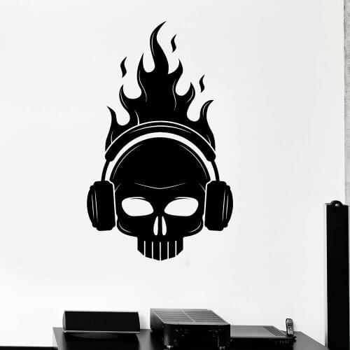 Skull Headphones Vinyl Wall Decal for Kids Rooms Fire Musical Wall Decor Stickers Game Zone Decoration Posters Removable P302