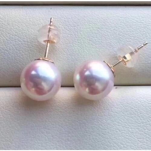 Pearl Earrings Fine Jewelry Solid 18K Gold Natural Round 7-8mm Fresh Water Pink Sakura White Pearls Stud Earrings for Women