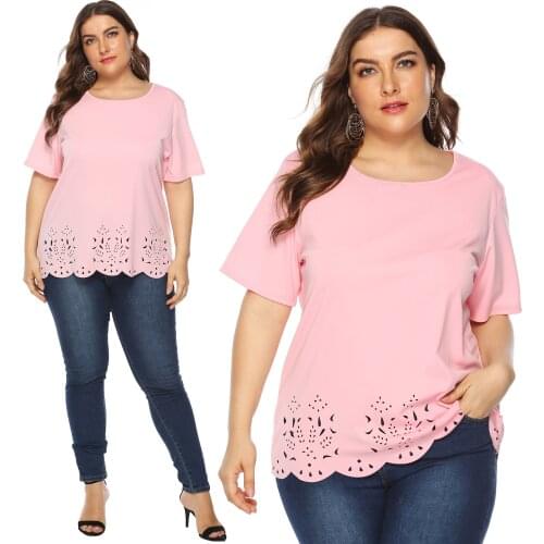 H80&S90 Plus Size Women T-Shirt Ladies' Casual Fashion Sexy Tops Hollow Out Hem