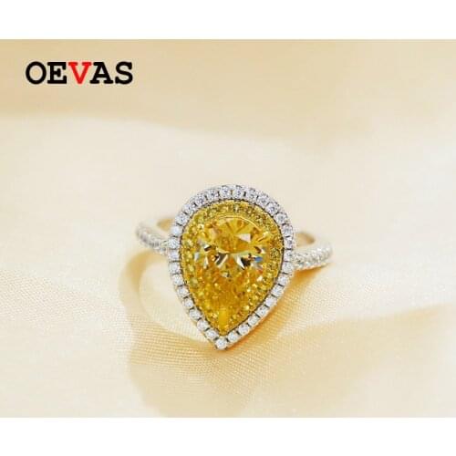 OEVAS AAAAA+ Yellow Water Drop Zircon Rings For Women Top Quality 100% 925 Sterling Silver Sparking Wedding Party Jewelry Gift