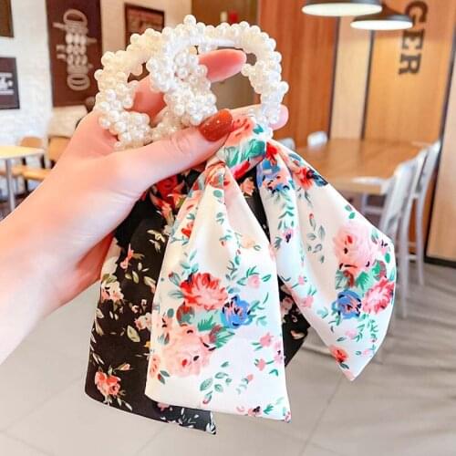 Women Vintage Pearl Hairbands Elastic Print Ribbon Scrunchies Hair Bands Tie Decoration Sweet Headband Fashion Hair Accessories
