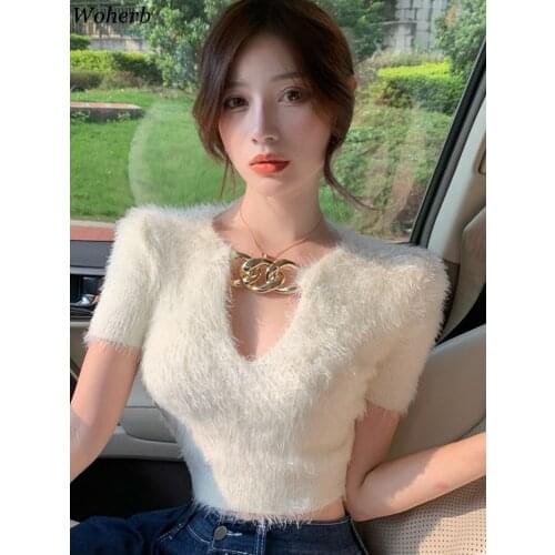 Woherb Women Short Slim Pullover Sexy Chain V-neck Cropped Sweater Chic 2020 Female Korean Mohair Short Sleeve Ladies Jumper