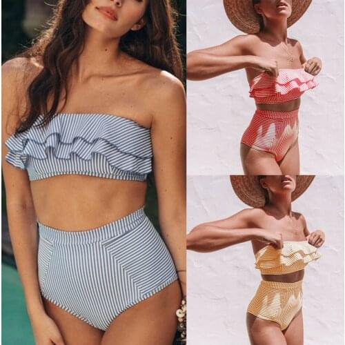 Womens Sexy Striped High Waist Bikini Ruffle Bandeau Swimsuit Summer Swimwear Female Bathing Suit Biquini Beachwear Biquini
