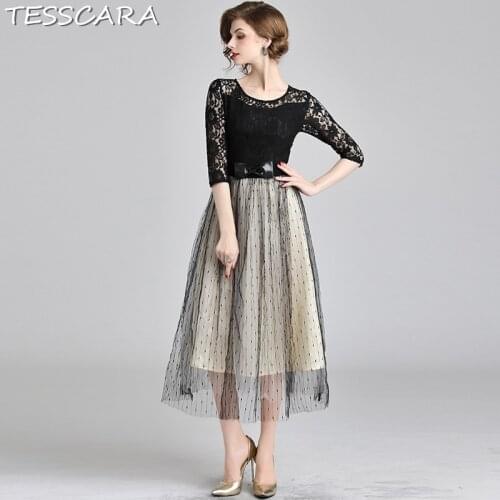 TESSCARA Women Summer Style Sweet Elegant Lace Dress Festa Female Fashion Designer Long Party Vestidos Vintage Mesh Robe Femme