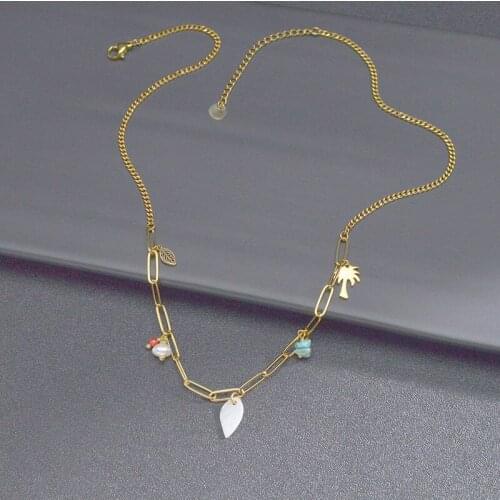 European And American Ins Light Luxury Holiday Style Womens Titanium Steel Necklace Coconut Pearl Exquisite Design Net Red